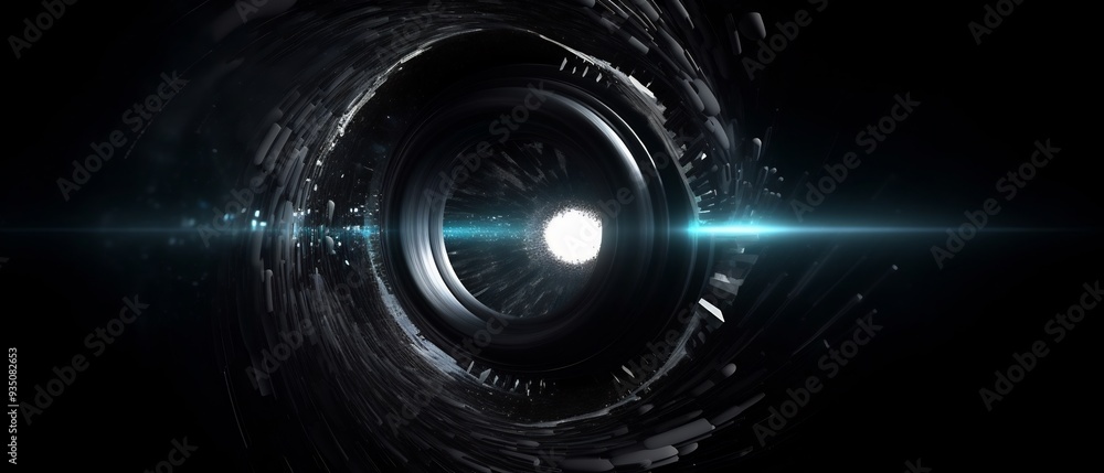 Poster abstract illustration of a black holes 3d wormhole with 2d particles of light and energy being pulle