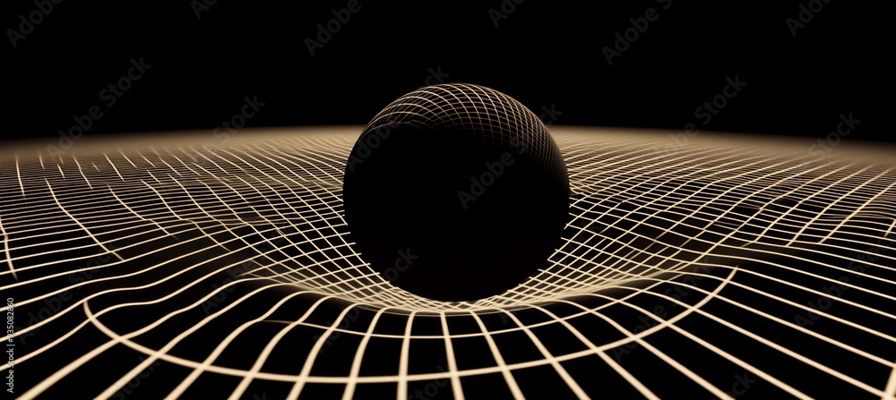 Poster abstract illustration of a black holes photon sphere where 3d light spirals into tight orbits surrou