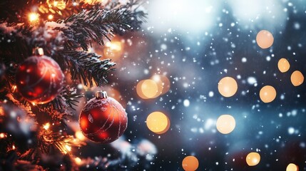 Christmas Decoration With Falling Snow And Glowing Lights - Christmas And Winter Background with generative ai