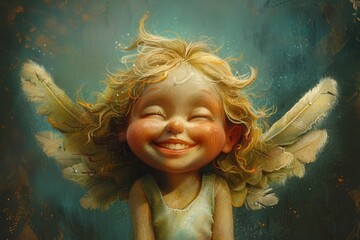 A joyful little girl adorned with angel wings, exuding happiness and charm in her playful demeanor, A cute cherub with delicate wings and a shy smile, AI generated