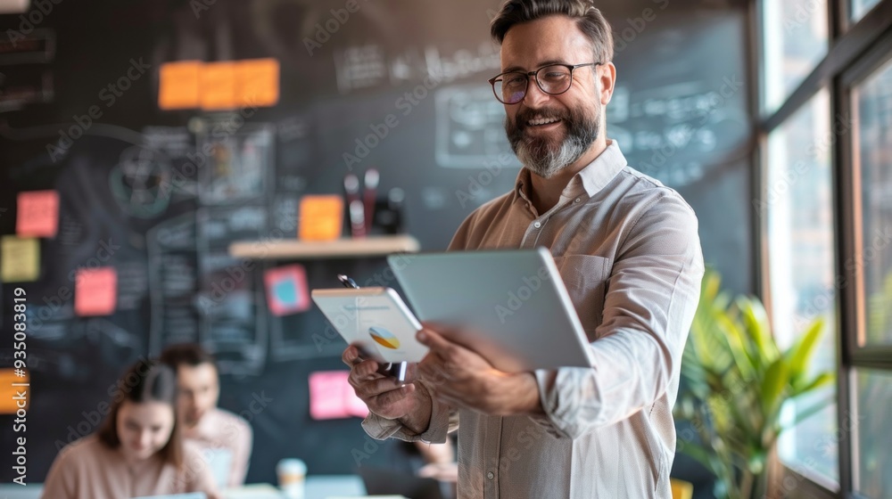 Poster A teacher enthusiastically guides students by pointing at materials while holding a tablet, fostering an interactive and collaborative classroom atmosphere