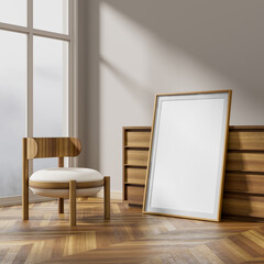 Minimalist livinig room with modern furnitures. Mock up poster frame in Scandinavian style interior. 3D illustration