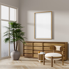 Minimalist livinig room with modern furnitures. Mock up poster frame in Scandinavian style interior. 3D illustration
