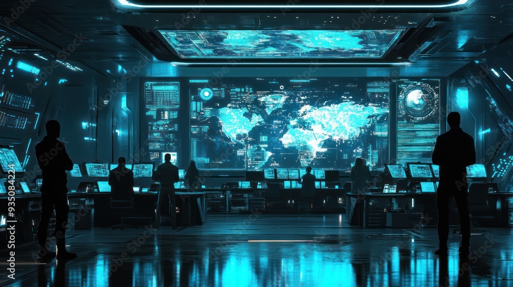 Poster futuristic control room with world map display
