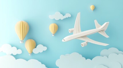 3D paper art-style illustration of an airplane flying in the sky, surrounded by clouds and hot air balloons, light blue background