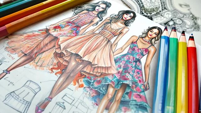 Fashion design sketches featuring elegant dresses and vibrant colors created with colored pencils