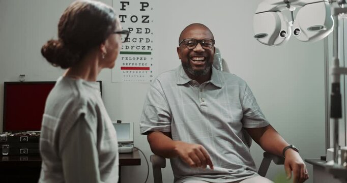 Healthcare, hospital and optician for man, glasses and medical appointment for vision, smile and consultation. Clinic, doctor and eye test for eyewear of person, high five and happy with checkup