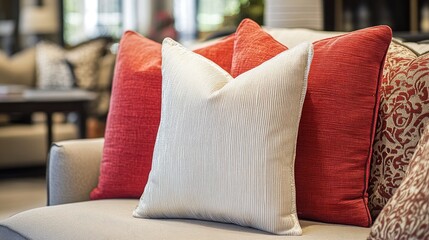 White, red, and patterned pillows. Perfect for a living room design or advertisement.
