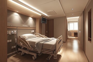 Obraz premium Modern hospital room with a bed. Perfect for illustrating healthcare, recovery, or hospital design.
