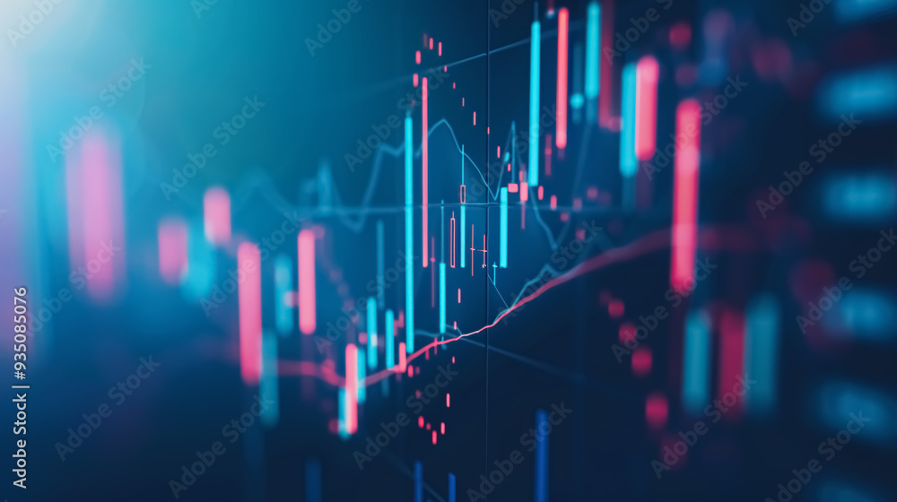 Poster close-up of a financial chart with an uptrend line and candlestick graph on a blue monitor