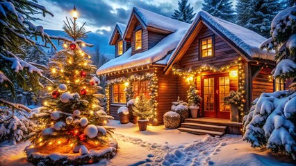 Charming wooden cabin decorated with Christmas lights, nestled in a snowy winter landscape. A beautifully lit Christmas tree stands in front, surrounded by snow-covered trees, creating a cozy and magi