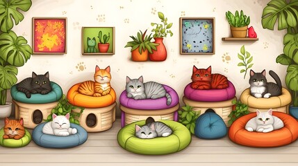 Cozy Cartoon Cats Lounging in Vibrant and Playful Home Decor