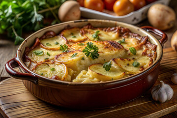 Potato gratin topped with herbs in a clay dish on a wooden stand surrounded by vegetables