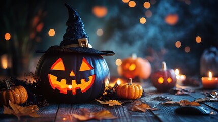 Obraz premium Halloween Night's Glowing Grin: A carved black pumpkin with a witch's hat, illuminated from within, takes center stage amidst an atmospheric Halloween scene of glowing pumpkins