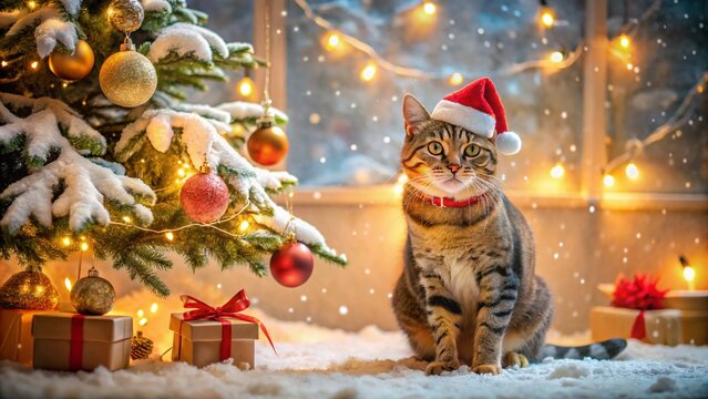 Charming tabby cat wearing a Santa hat, sitting next to a beautifully decorated Christmas tree with twinkling lights and gifts. The scene exudes a cozy and festive holiday atmosphere, capturing the wa