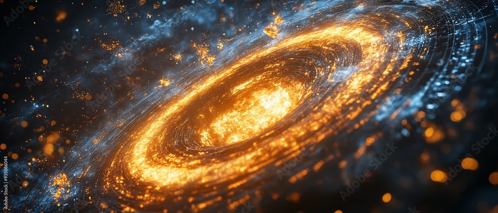 Poster abstract illustration of a black holes 3d accretion disk with 2d particles of dust and gas swirling 