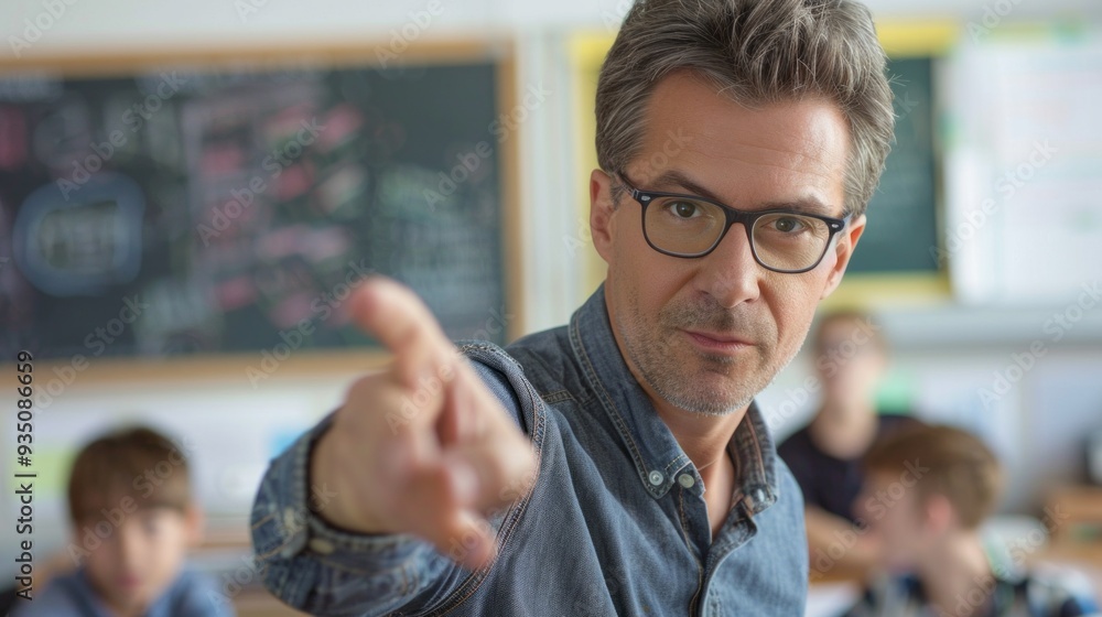 Poster a teacher stands at the front of a classroom, passionately pointing towards the blackboard. students