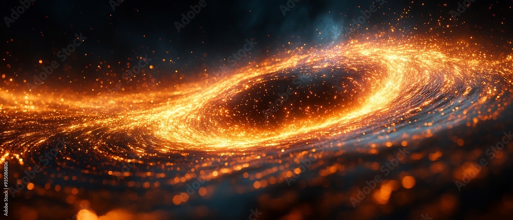 Poster abstract illustration of a black holes 3d accretion disk with 2d particles of dust and gas swirling 
