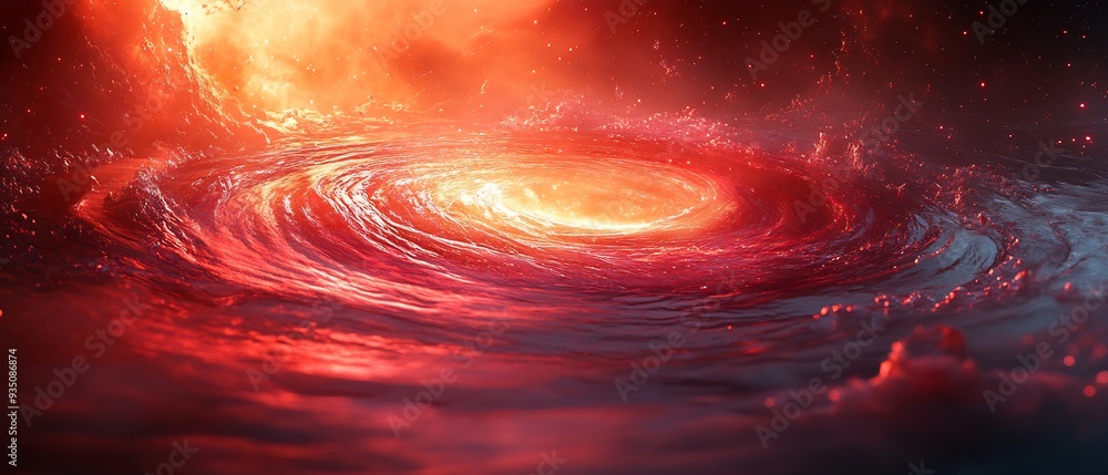 Poster abstract illustration of a black holes 3d accretion disk with 2d particles of dust and gas swirling 