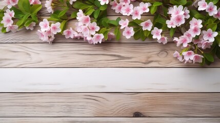 Spring cherry blossom background with wooden board