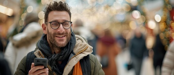 Obraz premium A man in glasses gazes at his cell phone amidst a bustling shopping mall crowd, surrounded by onlookers