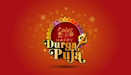 Happy Durga Puja. 3d Logo design  for India Navratri festival on red background, Vector illustration.