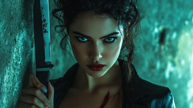 Style woman model pose for a modern mafia with a knife in her hand background wallpaper AI generated image