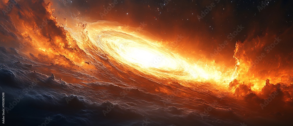 Poster abstract illustration of a black holes 3d accretion disk with 2d particles of dust and gas swirling 