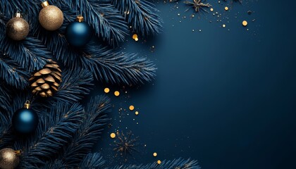 Elegant Christmas arrangement with blue and gold ornaments, pinecones, and stars on a deep blue background. Ideal for luxurious holiday decor and upscale invitations.