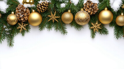 Elegant Christmas arrangement with gold and white ornaments and stars on a white background. Ideal for classy holiday decorations and upscale greeting cards.