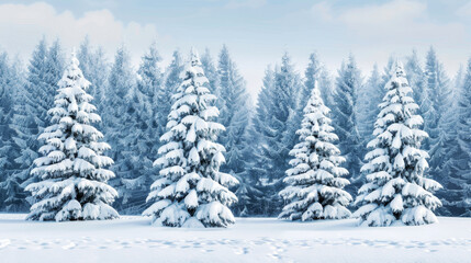 Winter landscape with a snow-covered path through a forest of frosted pine trees under a clear sky. Perfect for seasonal greetings and winter-themed projects.