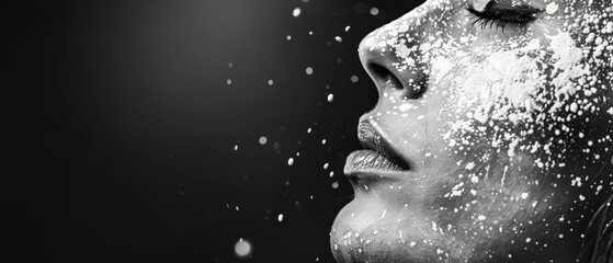 Woman's face, tears streaming down in drops, against a blank background
