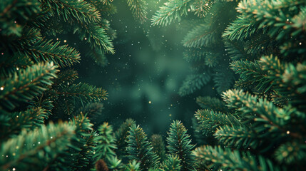 Green fir branches creating a natural frame on a dark background. Perfect for holiday-themed designs and winter promotions