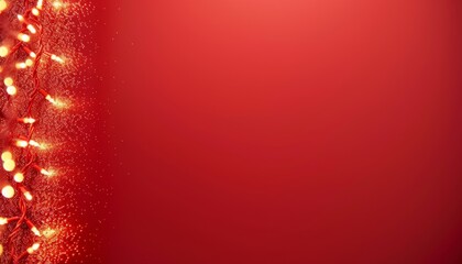 golden garlands glow on gold sparkles and on a red background. Minimalist red Christmas background with golden fairy lights and glitter. Perfect for holiday greetings and festive designs.