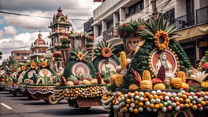Fototapeta premium Kadayawan Festival, rows of floats decorated with flowers and fruits, colorful Davao city buildings in the background,