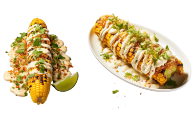 Mexican Street Corn (Elote) with Mayo and Cheese, on isolated transparent background