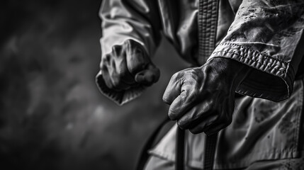 Obraz premium Close-up of a male karate fighter�s hands in black and white.