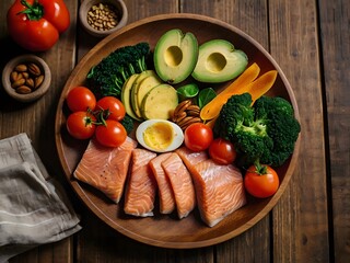 Balanced diet, healthy food on wooden table, low carb keto superfood meal.