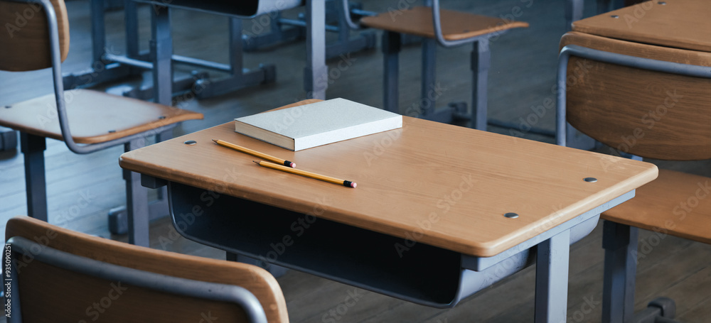 Poster a classroom scene in an empty school. 3d rendering