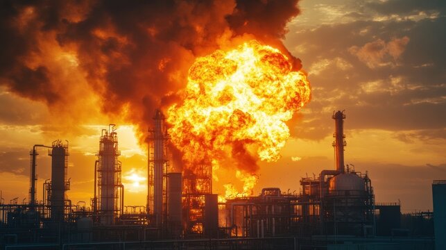 The moment the industrial oil refinery tank caught fire a huge fire broke out background wallpaper AI generated image