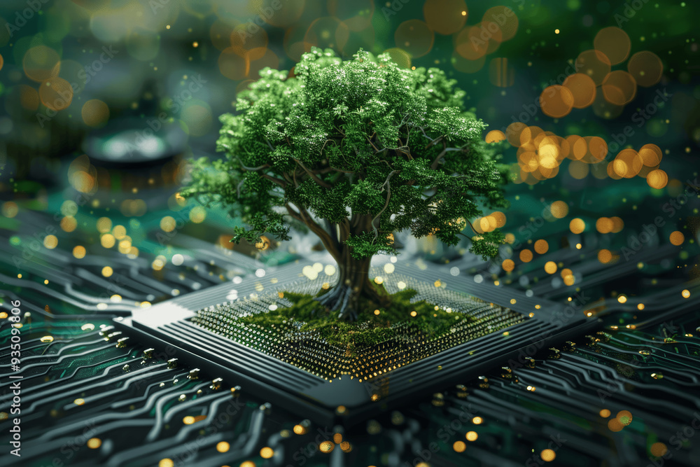 Poster tree growing from microchip symbolizing fusion of nature and technology with futuristic lights