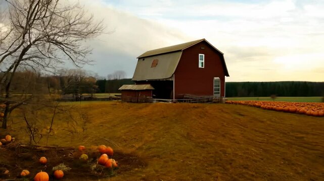 Exploring a tranquil autumn setting with pumpkins and a rustic barn in a rural landscape during harvest season