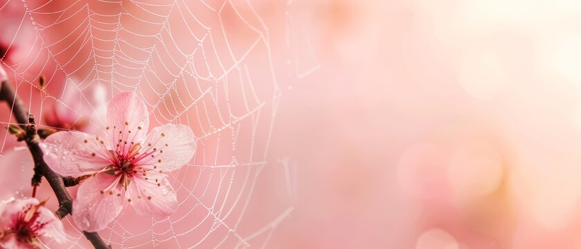  A tight shot of a spider web on a tree branch Pink flowers in the foreground, softly blurred background