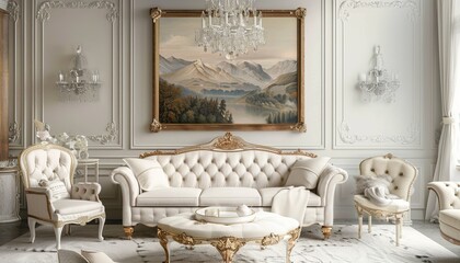Luxurious White Sofa in Classic Interior with Landscape Art and Crystal Chandelier