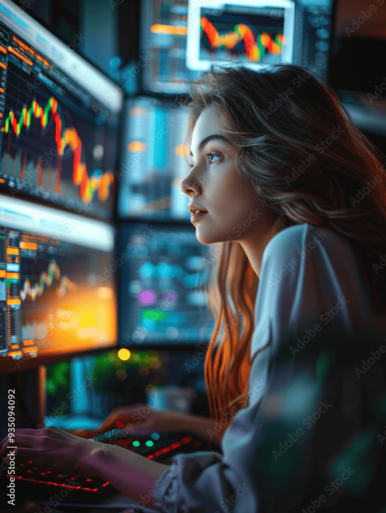 Poster young woman analyzing stock market data on multiple computer screens in high tech environment