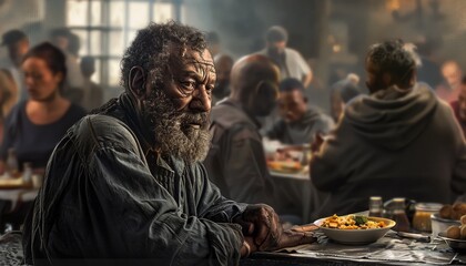 Obraz premium Bearded Homeless Man Sitting at Table in Busy Shelter Dining Hall, Surrounded by Others