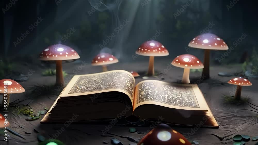 Poster Enchanted forest setting with a mystical open book and glowing mushrooms during twilight