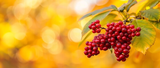 Fototapeta premium A tight shot of berry-laden branches against a backdrop of golden leaves