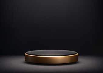 Luxury 3D Black Podium with Golden Rim, Elegant Display Platform on Dark Background, Minimalist and Sophisticated Design Illuminated by Spotlight Product Showcases