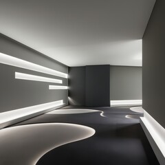 Architectural detail with soft white LED strips embedded in smooth, matte surfaces, forming organic patterns that play with shadow and light. The floor transitions from deep charcoal to soft grey